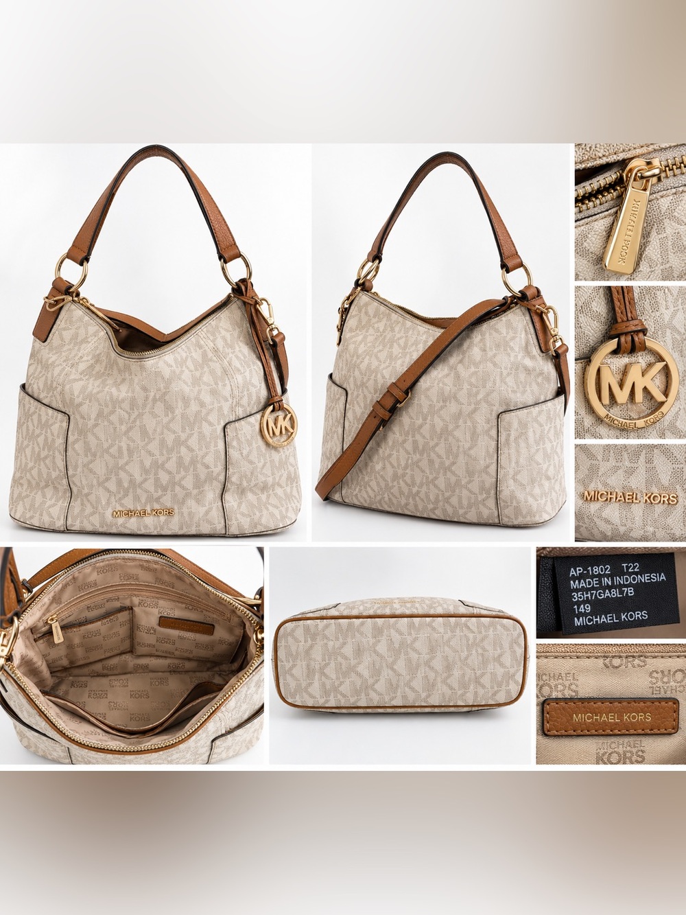 Michael Kors Anita Large Convertible Shoulder Bag Vanilla Acorn MK Signature Hob